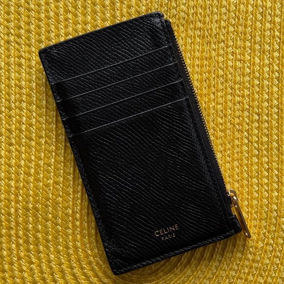 CELINE ZIPPED COMPACT CARD HOLDER IN GRAINED CALFSKIN BLACK W/ GOLD HARDWARE - Picture 2 of 7